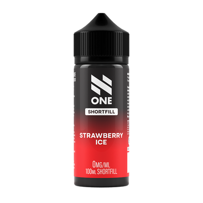 Svart och röd flaska. På flaskan står det N One Shortfill strawberry ice 0mg/ml 100ml shortfill