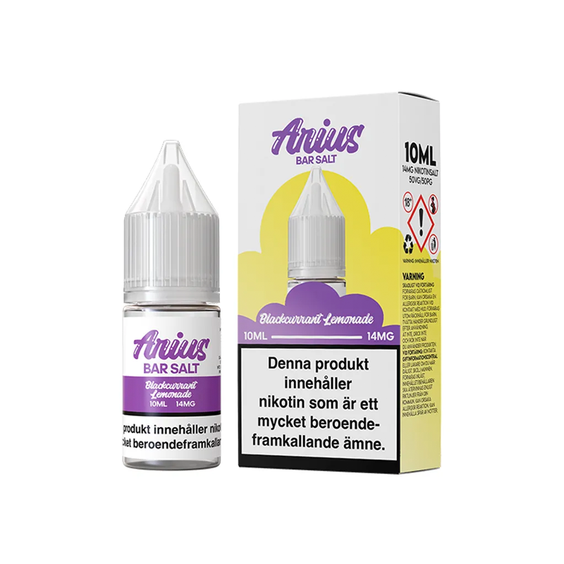 Arius Bar Salt Blackcurrant Lemonade flaska bredvid originalförpackning