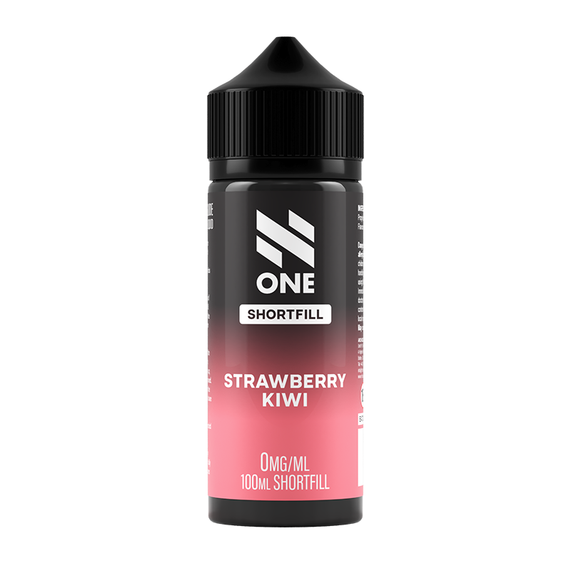 Svart och rosa flaska. På flaskan står det N One Shortfill strawberry kiwi 0mg/ml 100ml shortfill