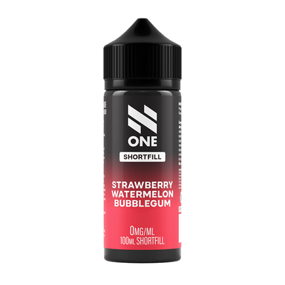 Svart och röd flaska. På flaskan står det N One Shortfill strawberry watermelon bubblegum 0mg/ml 100ml shortfill