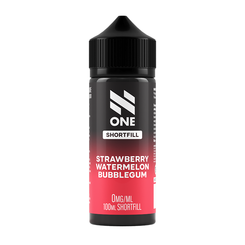 Svart och röd flaska. På flaskan står det N One Shortfill strawberry watermelon bubblegum 0mg/ml 100ml shortfill