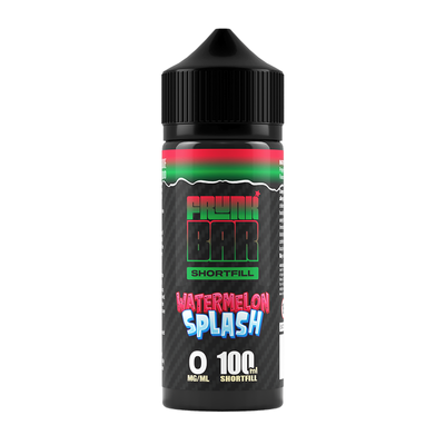 Svart, grön och röd flaska. På flaskan står det frunk bar shortfill watermelon splash 0 mg/ml 100ml shortfill
