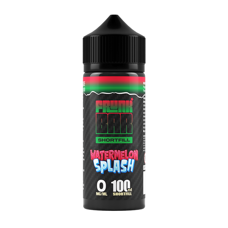 Svart, grön och röd flaska. På flaskan står det frunk bar shortfill watermelon splash 0 mg/ml 100ml shortfill