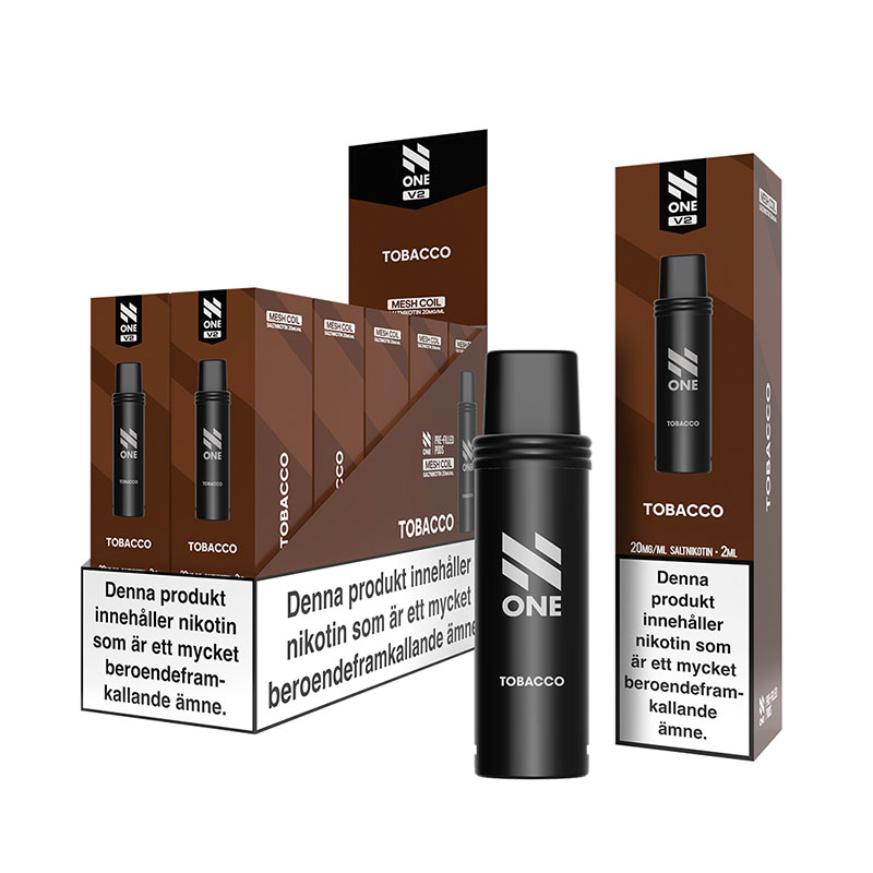 N One Mesh Pod V2 Tobacco 10-pack förfyllda vape pods med tobaks smak, 2 ml e-vätska och 20 mg nikotin, kompatibla med N One Mesh Pod Kit V2.