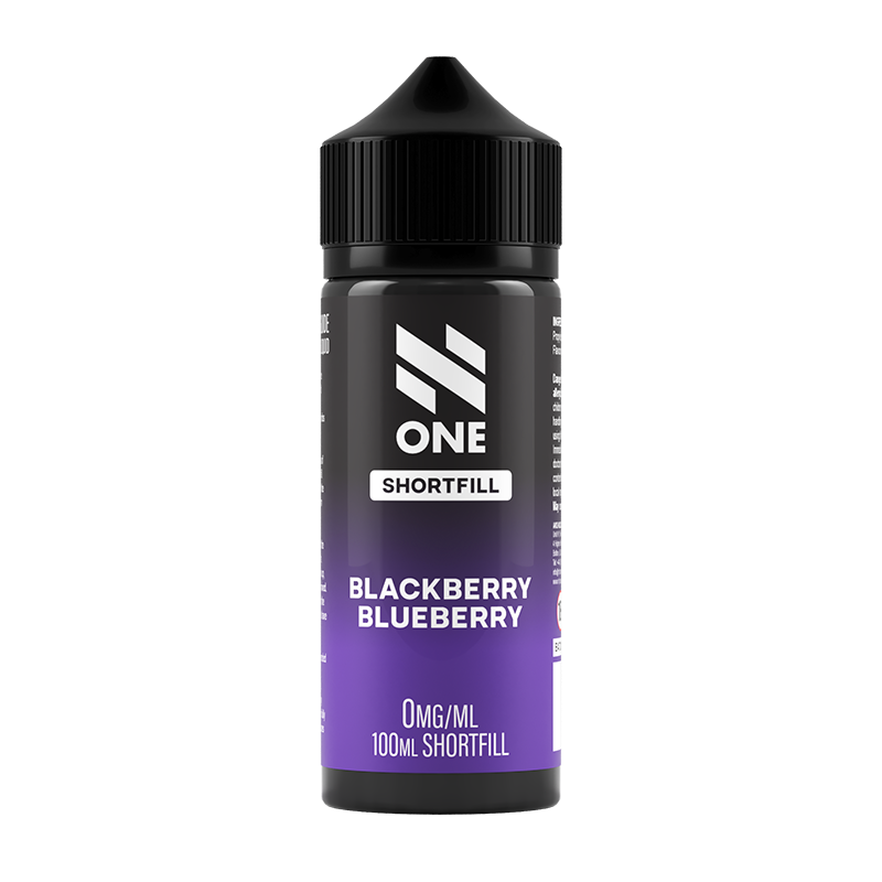 Svart och lila flaska. På flaskan står det N One Shortfill blackberry blueberry 0mg/ml 100ml shortfill