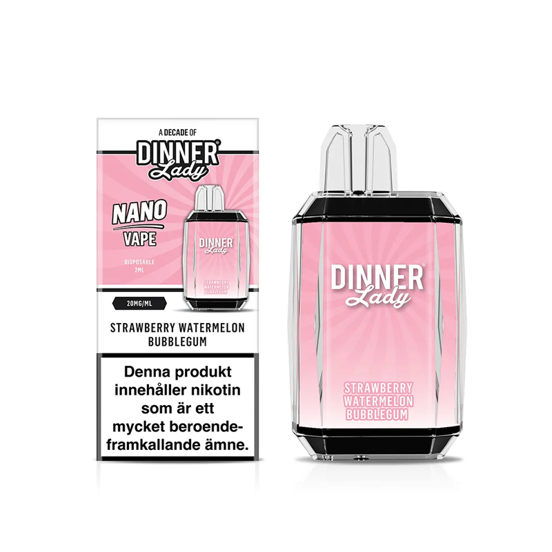 Dinner Lady Nano Mesh Strawberry Watermelon Bubblegum engångsvape med förpackning – smak av jordgubb, vattenmelon och tuggummi, 20 mg nikotinsalt