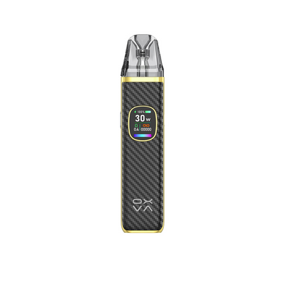 OXVA Xlim PRO 2 i färgen Black Carbon – e-cigarett med display, transparent pod och stilrent kolfibermönster med guldkant