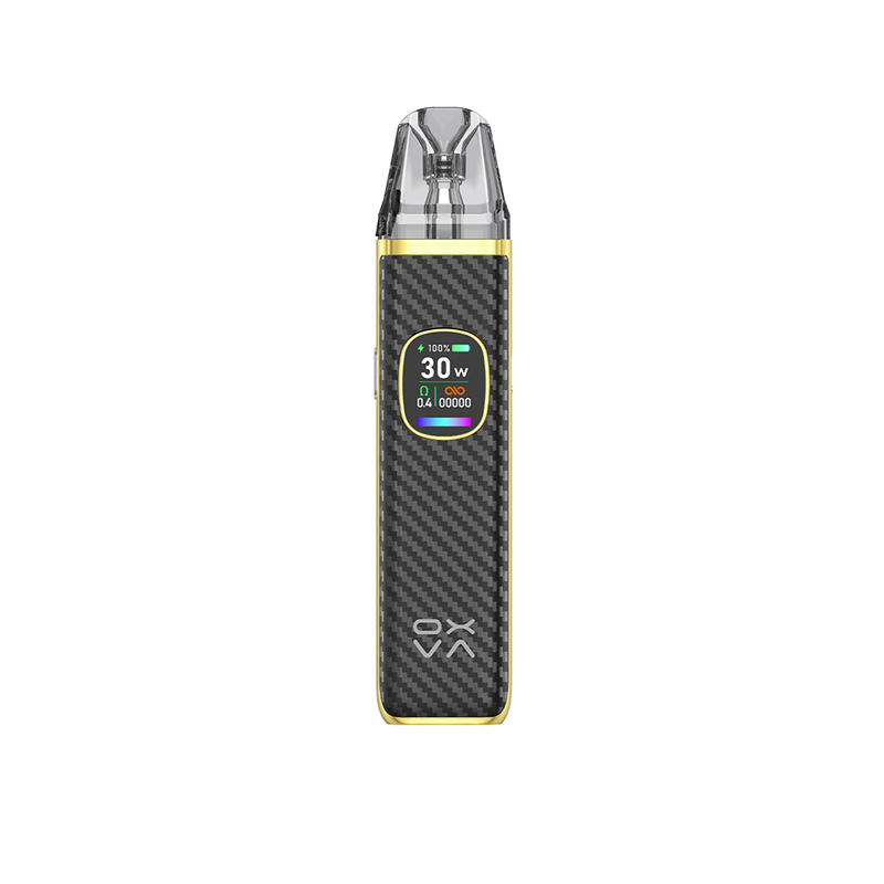 OXVA Xlim PRO 2 i färgen Black Carbon – e-cigarett med display, transparent pod och stilrent kolfibermönster med guldkant