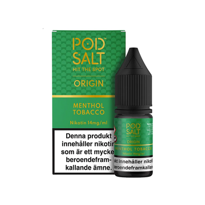 Pod Salt Menthol Tobacco Flaska bredvid originalförpackning