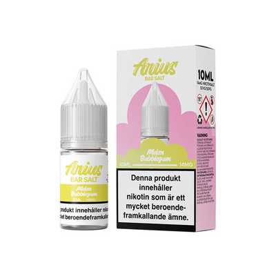 Arius Bar Salt Melon Bubblegum flaska bredvid originalförpackning