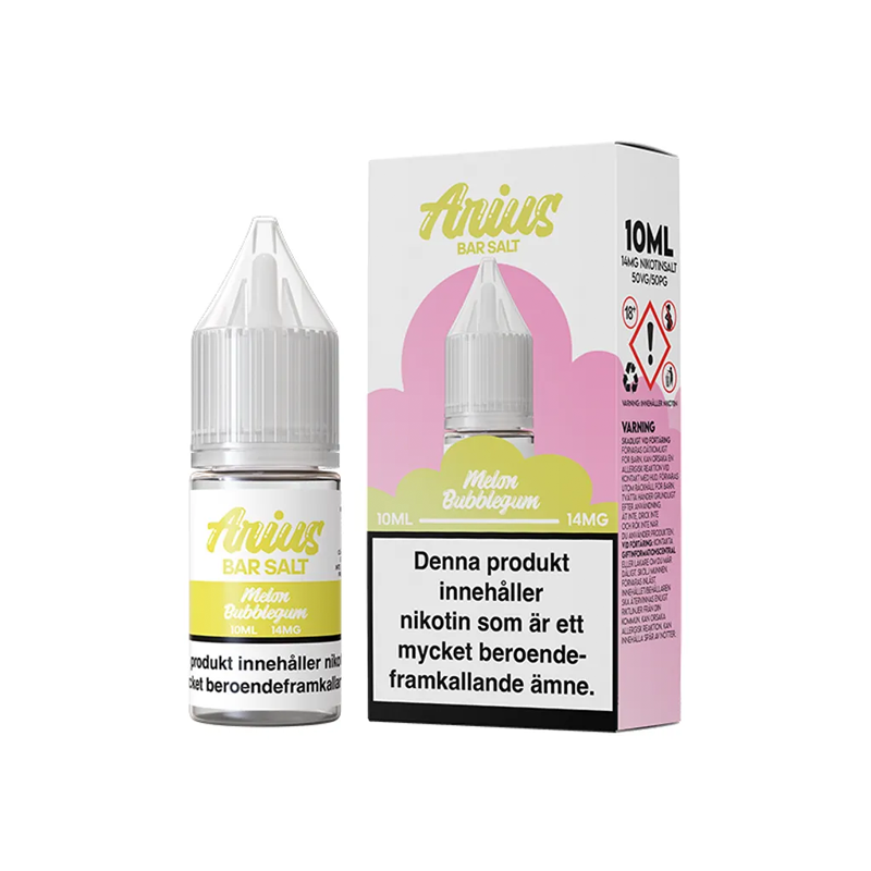 Arius Bar Salt Melon Bubblegum flaska bredvid originalförpackning