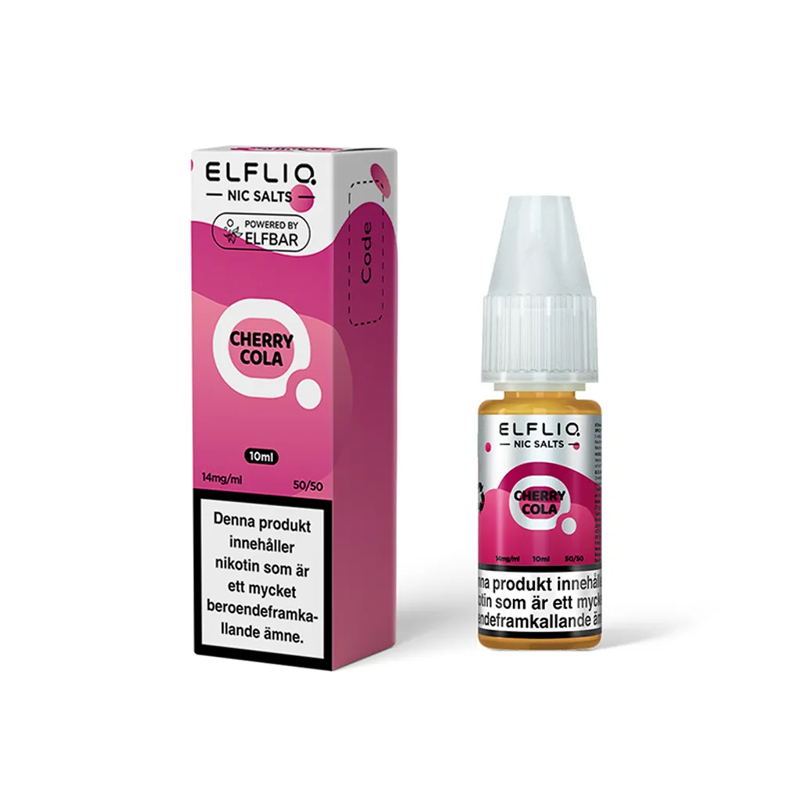 ElfLiq Cherry Cola Flaska bredvid originalförpackning