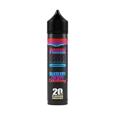 Svart, blå och rosa flaska. På flaskan står det frunk bar longfill blueberry cherry cranberry 20ml flavour concentrate