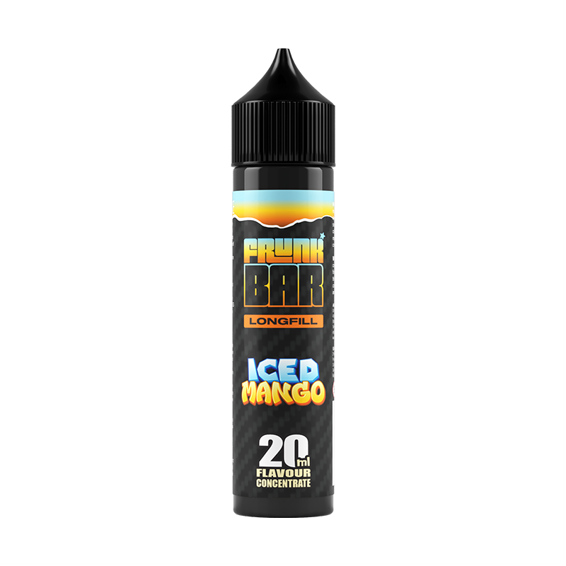 Svart, orange och blå flaska. På flaskan står det frunk bar longfill iced mango 20ml flavour concentrate