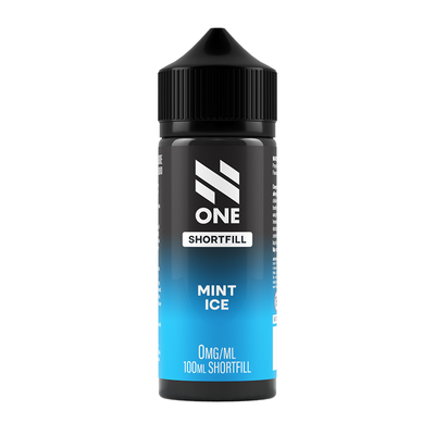 Svart och blå flaska. På flaskan står det N One Shortfill mint ice 0mg/ml 100ml shortfill