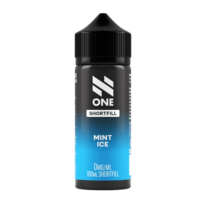 Svart och blå flaska. På flaskan står det N One Shortfill mint ice 0mg/ml 100ml shortfill