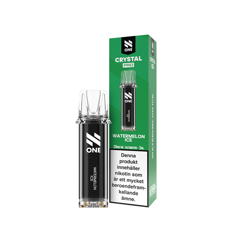 På bilden syns en pod och en låda. Podden är svart och på den står det n one watermelon ice. Lådan är grön och på den står det n one crystal pro watermelon ice 20mg/ml saltnikotin 2ml