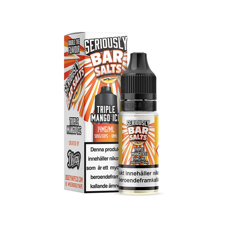 Seriously Bar Salts Triple Mango Ice Flaska bredvid originalförpackning