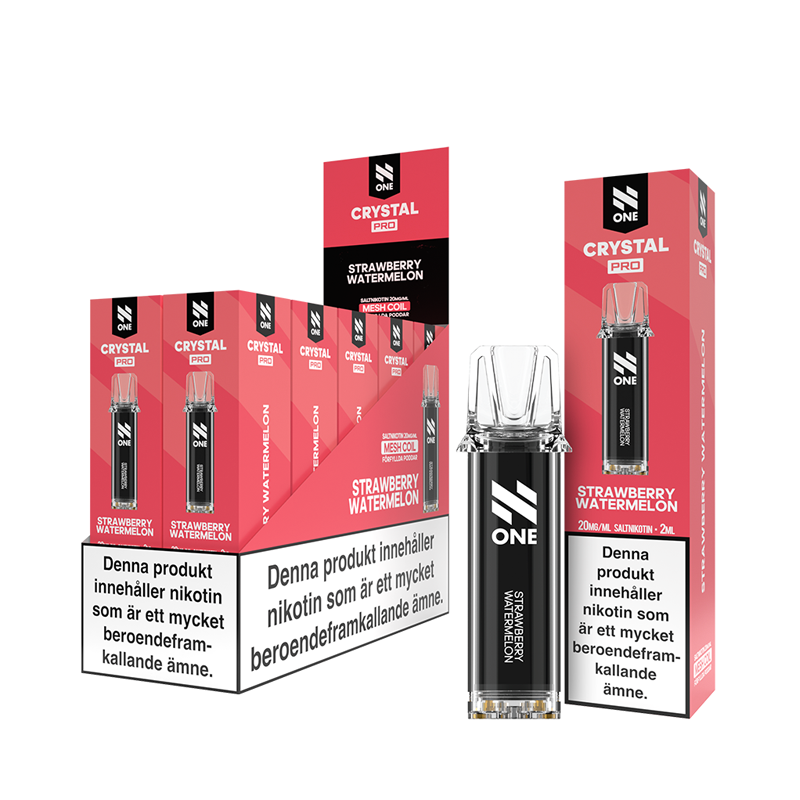 N One Crystal PRO Pod Strawberry Watermelon 10-Pack förfyllda vape pods, 2 ml e-vätska och 20 mg nikotin, kompatibla med N One Crystal PRO batterier