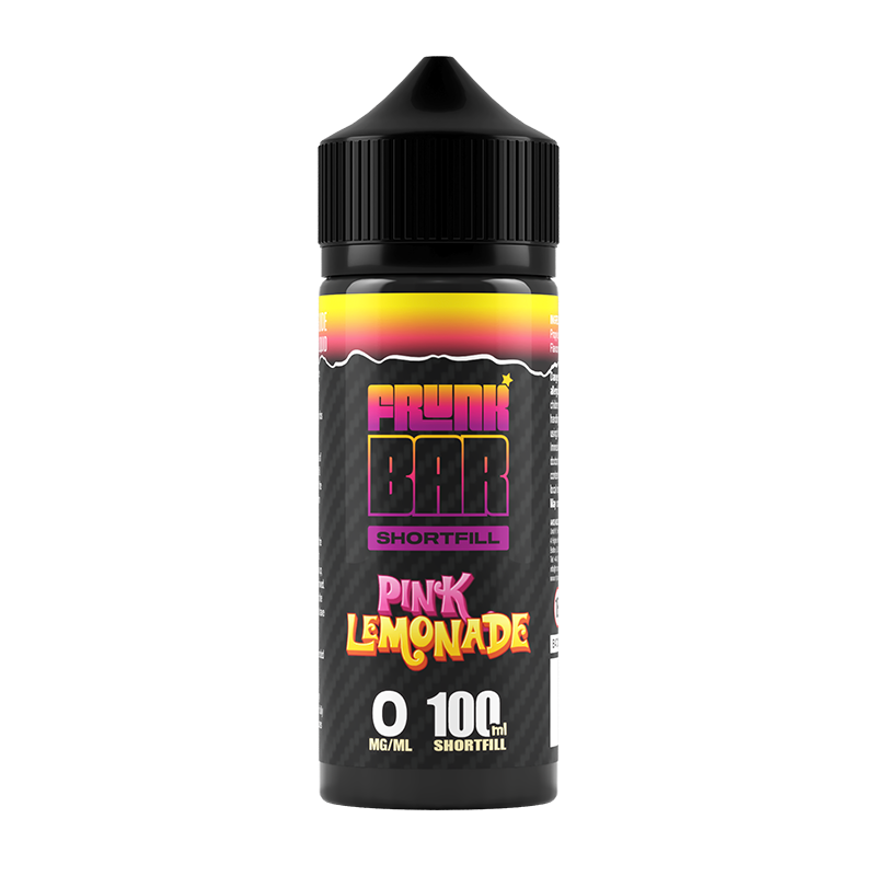 Svart, gul och rosa flaska. På flaskan står det frunk bar shortfill pink lemonade 0 mg/ml 100ml shortfill