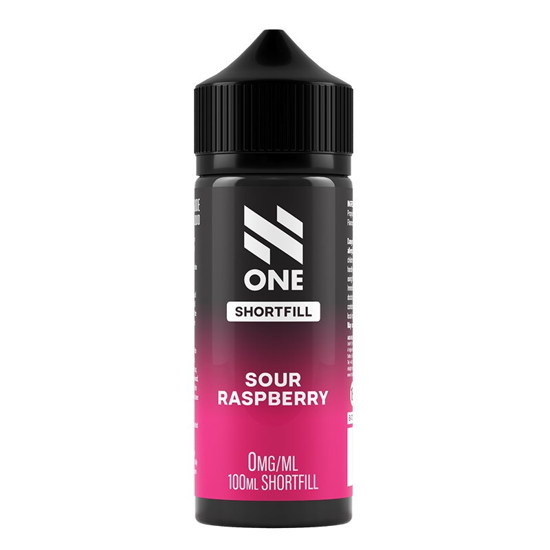 Svart och rosa flaska. På flaskan står det N One Shortfill sour raspberry 0mg/ml 100ml shortfill