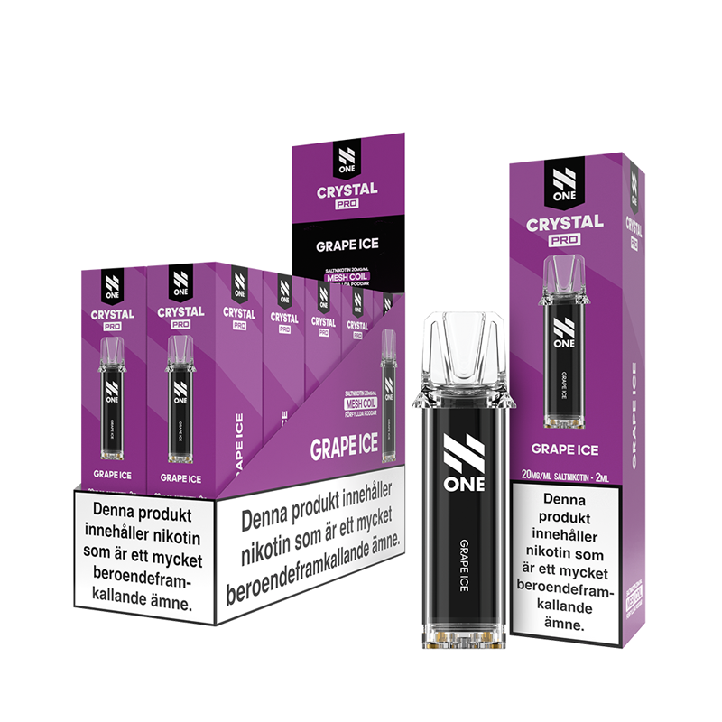 N One Crystal PRO Pod Grape Ice 10-Pack förfyllda vape pods, 2 ml e-vätska och 20 mg nikotin, kompatibla med N One Crystal PRO batterier