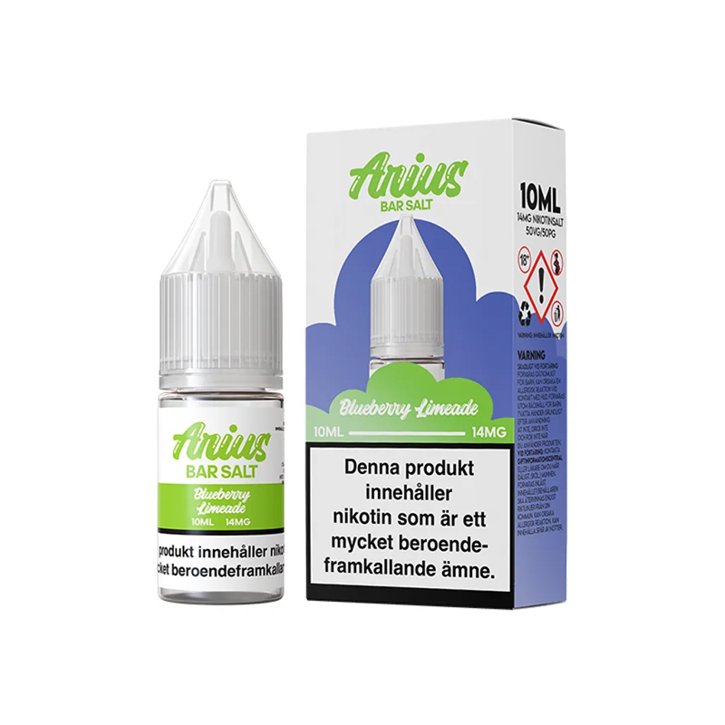 Arius Bar Salt Blueberry Limeade flaska bredvid originalförpackning