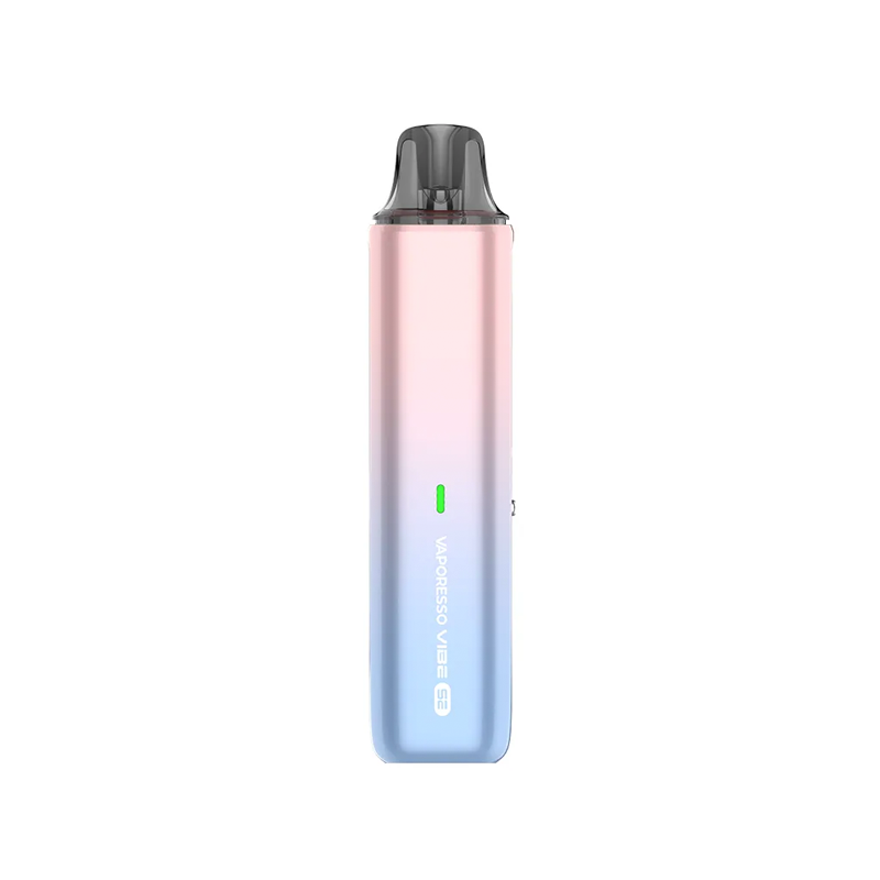 Vaporesso VIBE SE i färgen Ice Cream Pink – kompakt e-cigarett med RGB-indikator och gradientdesign i rosa och blå ton