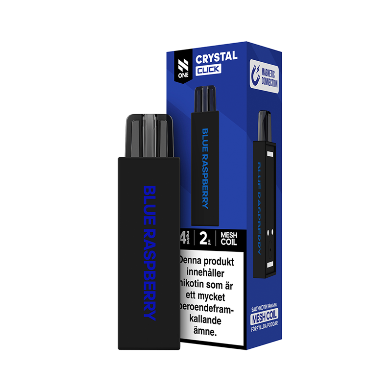 N One Crystal Click mesh-pod Blue Raspberry bredvid originalförpackning