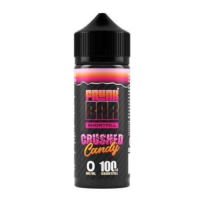 Svart, orange och rosa flaska. På flaskan står det frunk bar shortfill crushed candy 0 mg/ml 100ml shortfil