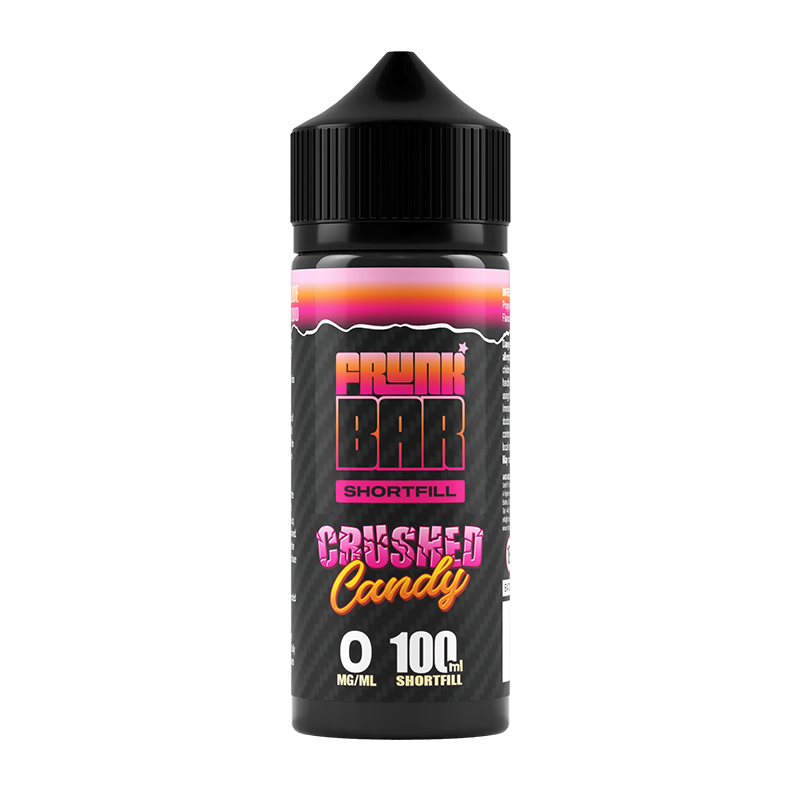 Svart, orange och rosa flaska. På flaskan står det frunk bar shortfill crushed candy 0 mg/ml 100ml shortfil