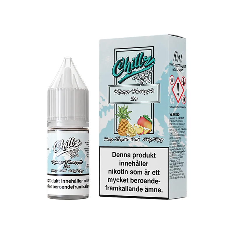 Chillz Mango Pineapple Ice Flaska bredvid originalförpackning
