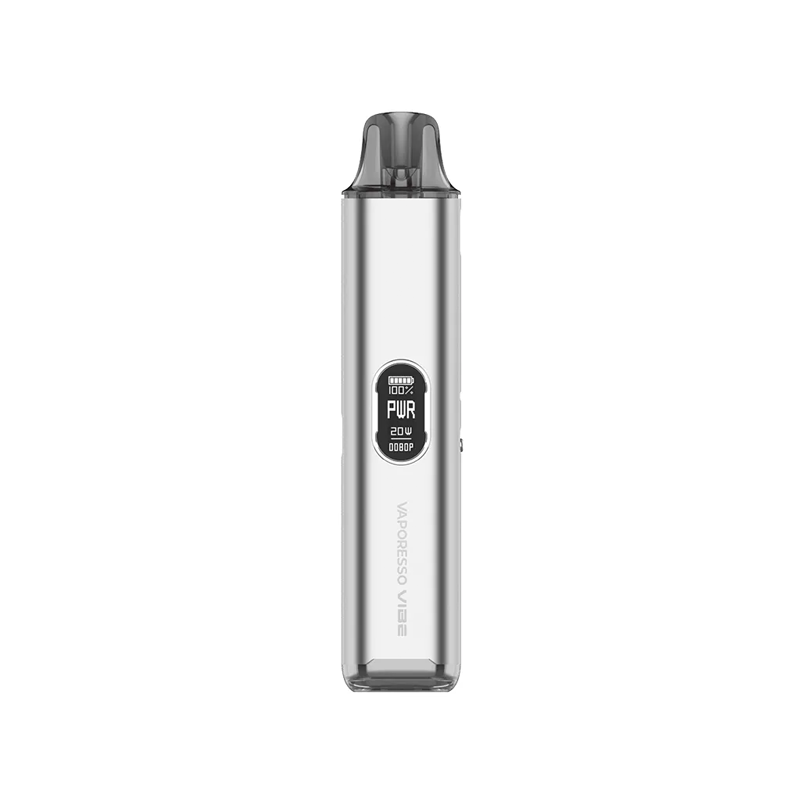 Vaporesso VIBE i silver utförande – e-cigarett med OLED-skärm, kompakt design och Dual Mesh-pod