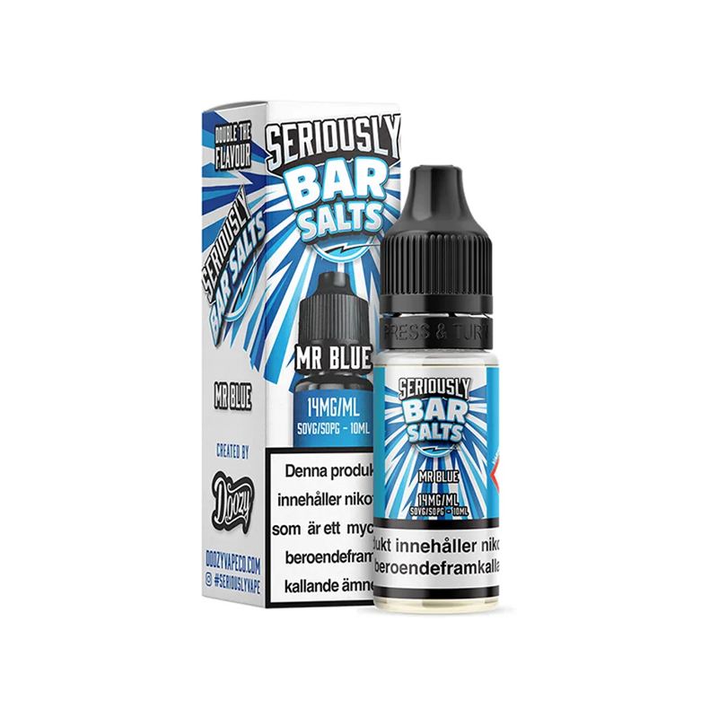 Seriously Bar Salts Mr Blue Flaska bredvid originalförpackning