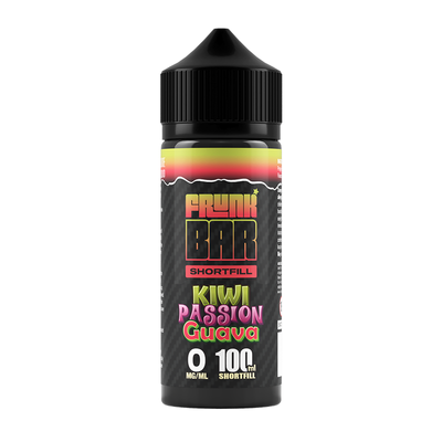 Svart, röd och grön flaska. På flaskan står det frunk bar shortfill kiwi passion guava 0 mg/ml 100ml shortfill