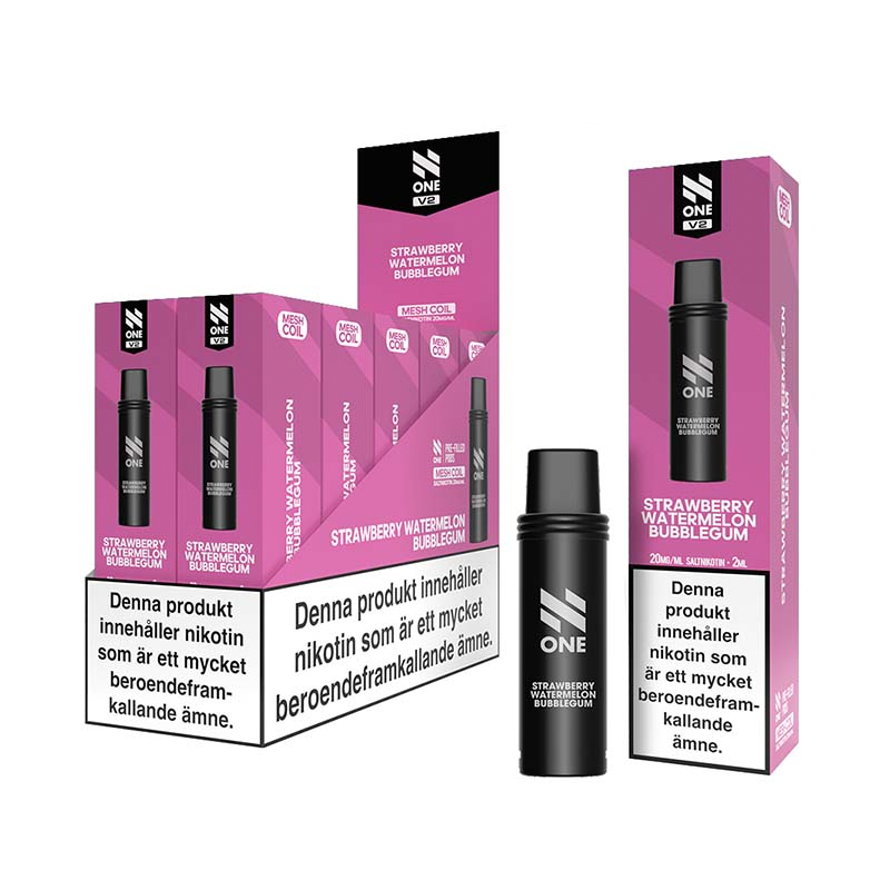N One Mesh Pod V2 Strawberry Watermelon Bubblegum 10-pack förfyllda vape pods, 2 ml e-vätska och 20 mg nikotin, kompatibla med N One Mesh Pod Kit V2.