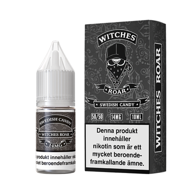 På bilden syns en flaska och låda. båda är gråa och på dom står det Swedish candy witches roar 14mg