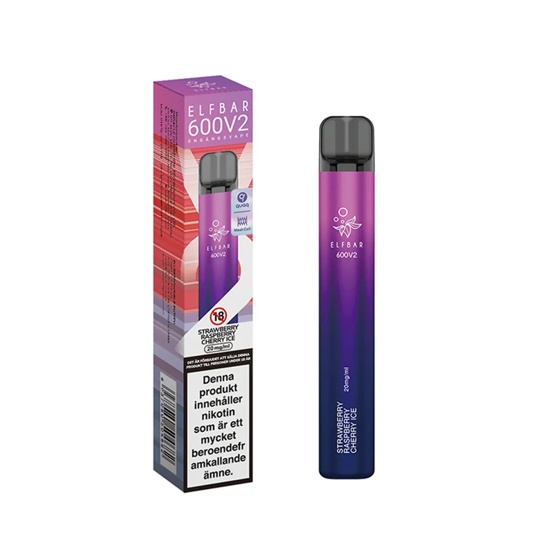 Elfbar V2 Mesh Engångs Vape Strawberry Raspberry Cherry Ice bredvid originalförpackning