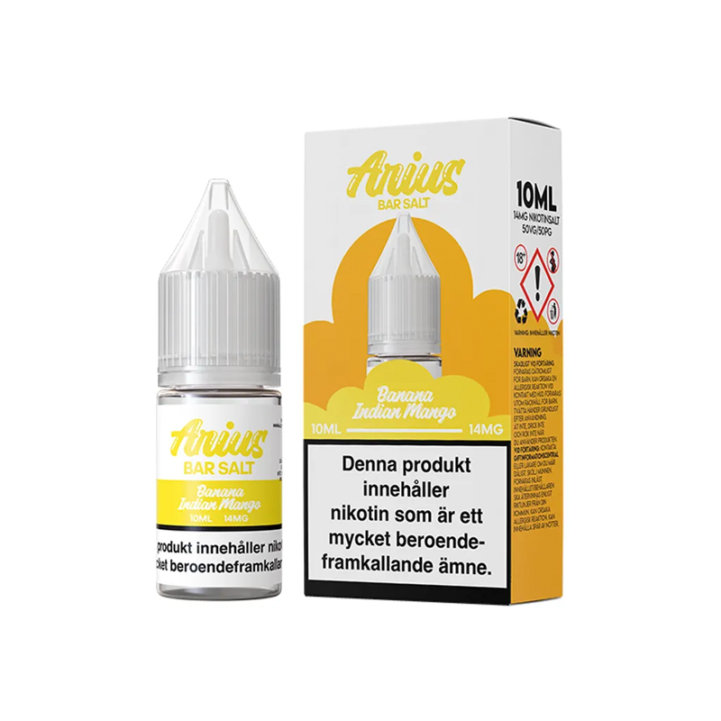 Arius Bar Salt Banana Indian Mango flaska bredvid originalförpackning