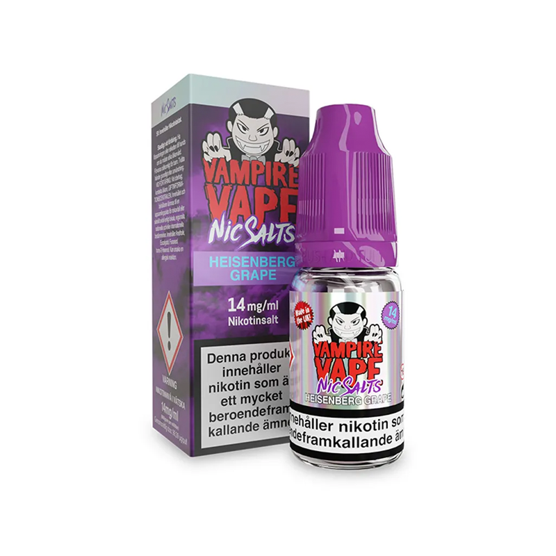 Vampire Vape Heisenberg Grape Flaska bredvid originalförpackning