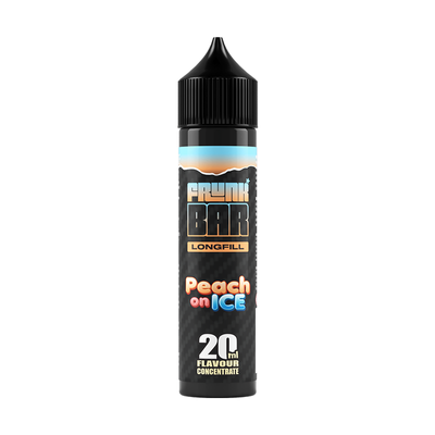 Svart, blå och orange flaska. På flaskan står det frunk bar longfill peach on ice 20ml flavour concentrate