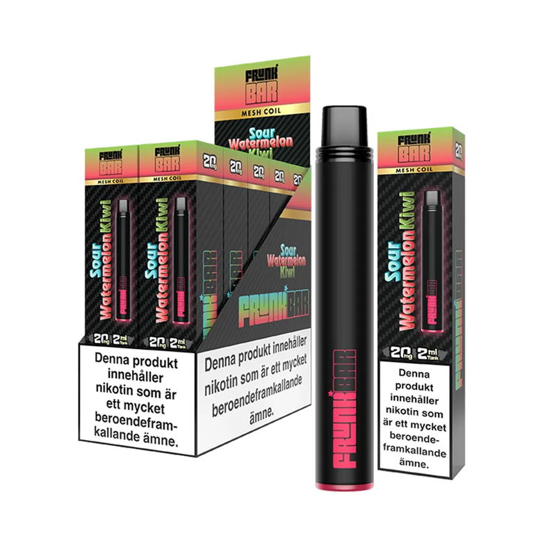 Frunk Bar Mesh Sour Watermelon Kiwi engångsvape 10-pack, förfyllda vapes med nikotin och 2 ml e-vätska.