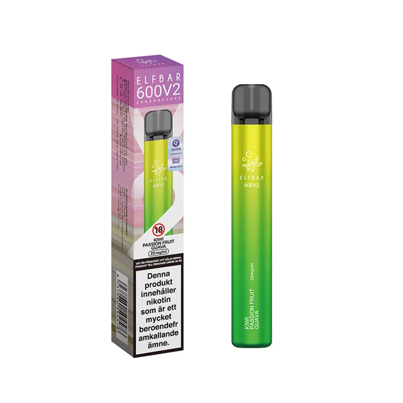 Elfbar V2 Mesh Engångs Vape Kiwi Passion Fruit Guava bredvid originalförpackning