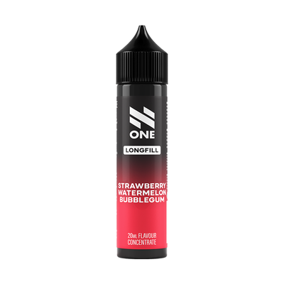 Svart och röd flaska. På flaskan står det N One longfill strawberry watermelon bubblegum 20ml flavour concentrate
