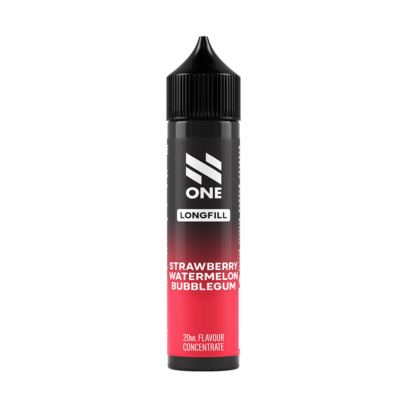 Svart och röd flaska. På flaskan står det N One longfill strawberry watermelon bubblegum 20ml flavour concentrate