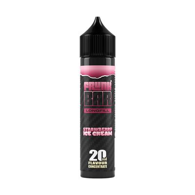 Svart, röd och rosa flaska. På flaskan står det frunk bar longfill strawberry ice cream 20ml flavour concentrate