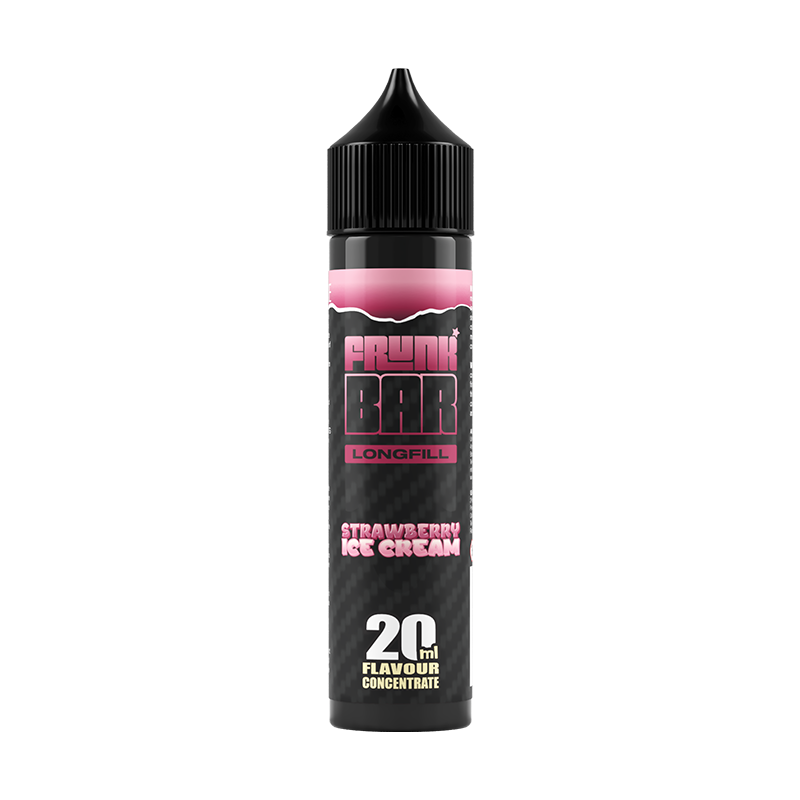 Svart, röd och rosa flaska. På flaskan står det frunk bar longfill strawberry ice cream 20ml flavour concentrate