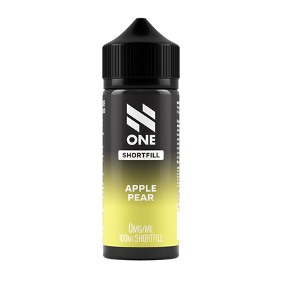 Svart och gul flaska. På flaskan står det N One Shortfill apple pear 0mg/ml 100ml shortfill
