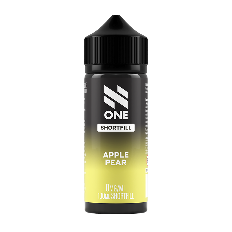 Svart och gul flaska. På flaskan står det N One Shortfill apple pear 0mg/ml 100ml shortfill