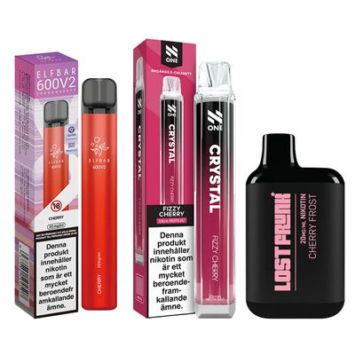 3-pack engångsvapes körsbär – Elf Bar 600V2 Cherry, N One Crystal Fizzy Cherry och Lost Mary Cherry Frost 20 mg
